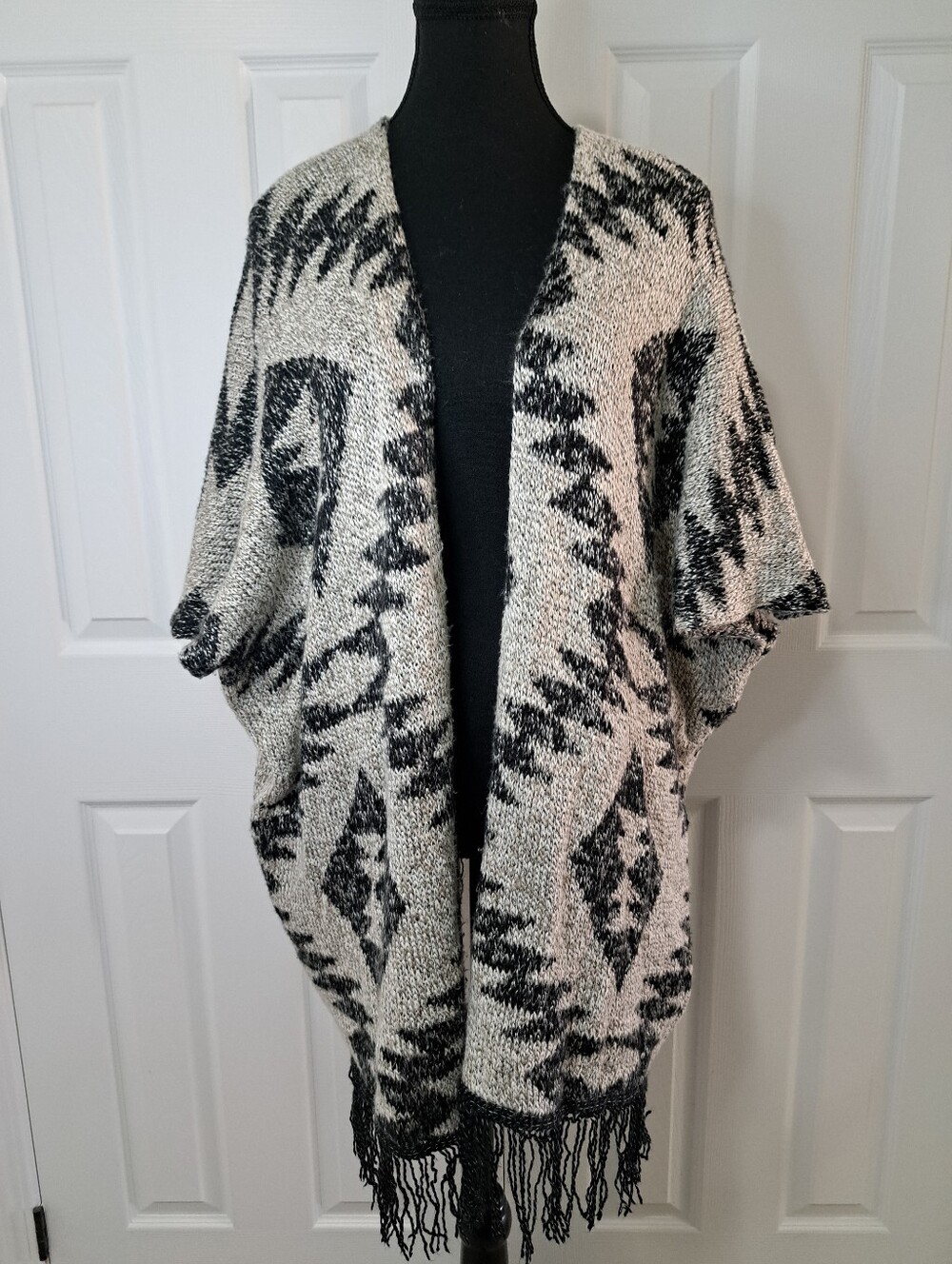 Garage Knit Sweater Cape Poncho Beige Black Fringe Boho Southwest Western XS/S